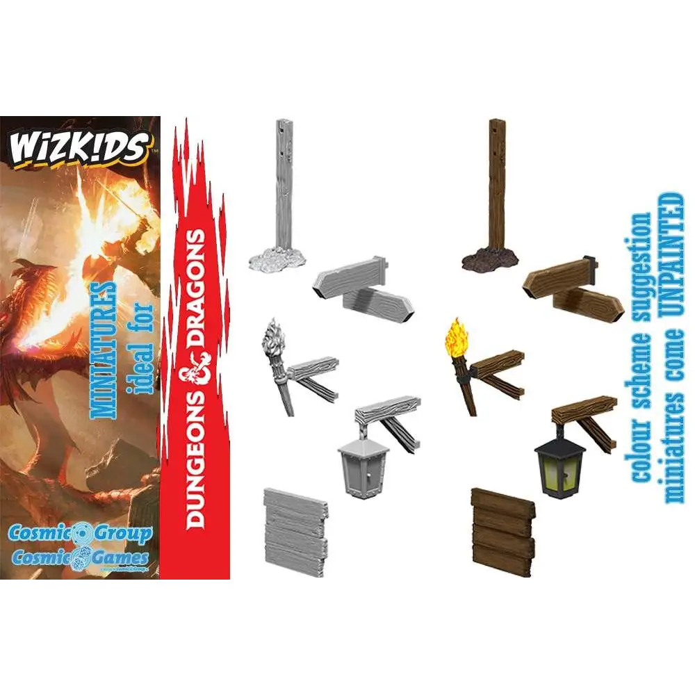 Trä- och metallminiatyrer för D&D: facklor, lyktor och stolpar i grått eller brunt