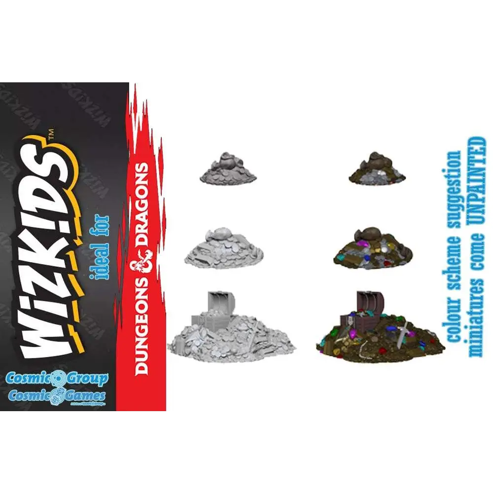 Ommålade grå plastminiatyrer med skatt högar för Dungeons & Dragons, WizKids