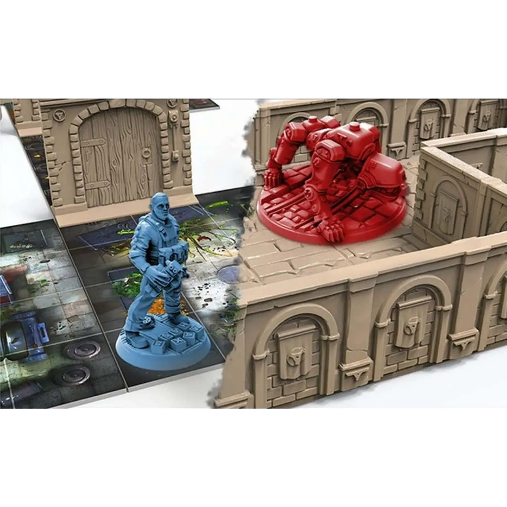 Röd pansrad robotminiatur på cirkulär bas i Wolfenstein: The Board Game 3D Terrain Kit