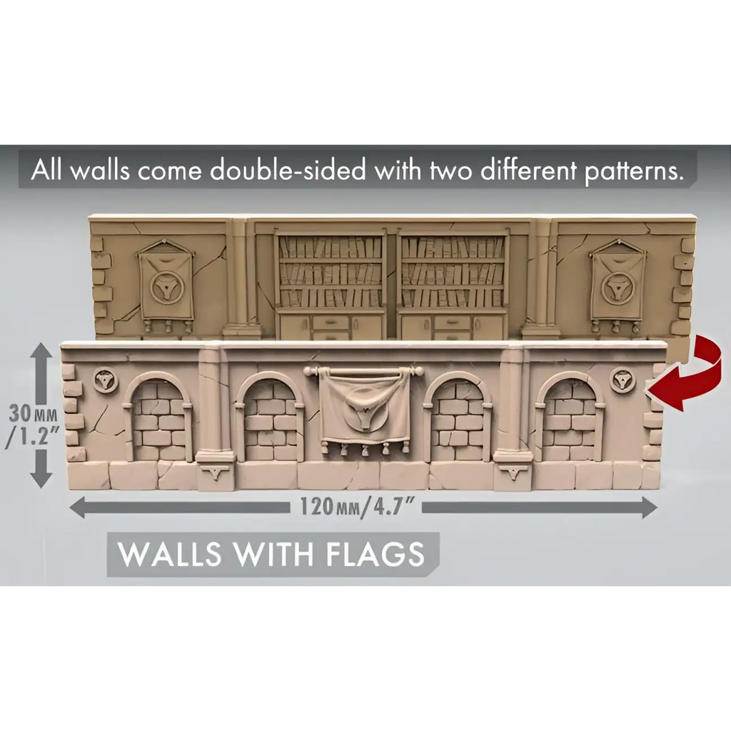 Beige plastpanel med bokhyllor, valvade fönster och banner för Wolfenstein: The Board Game 3D Terrain Kit
