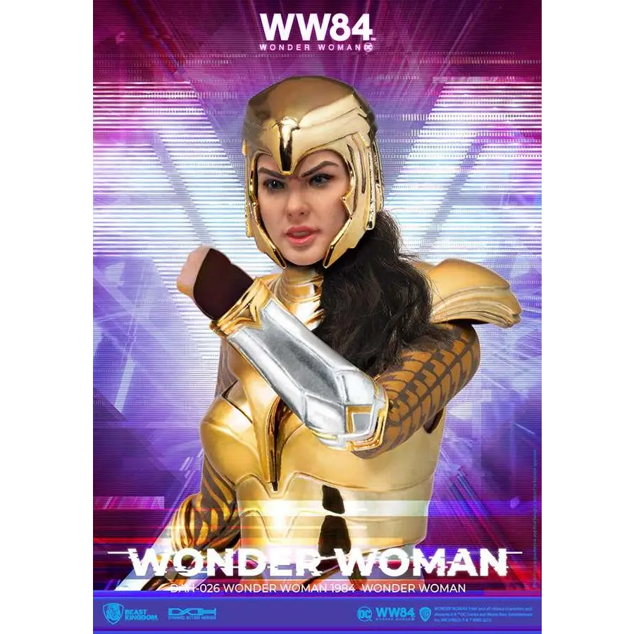 Gyllene rustade Wonder Woman-figur i WW84 med metallisk dräkt och silverdetaljer