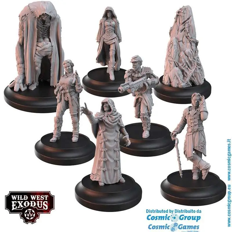 Sex stycken detaljerade, omålade miniatyrfigurer från Wild West Exodus, monterade på svarta runda baser i Absolute Power Starter Set