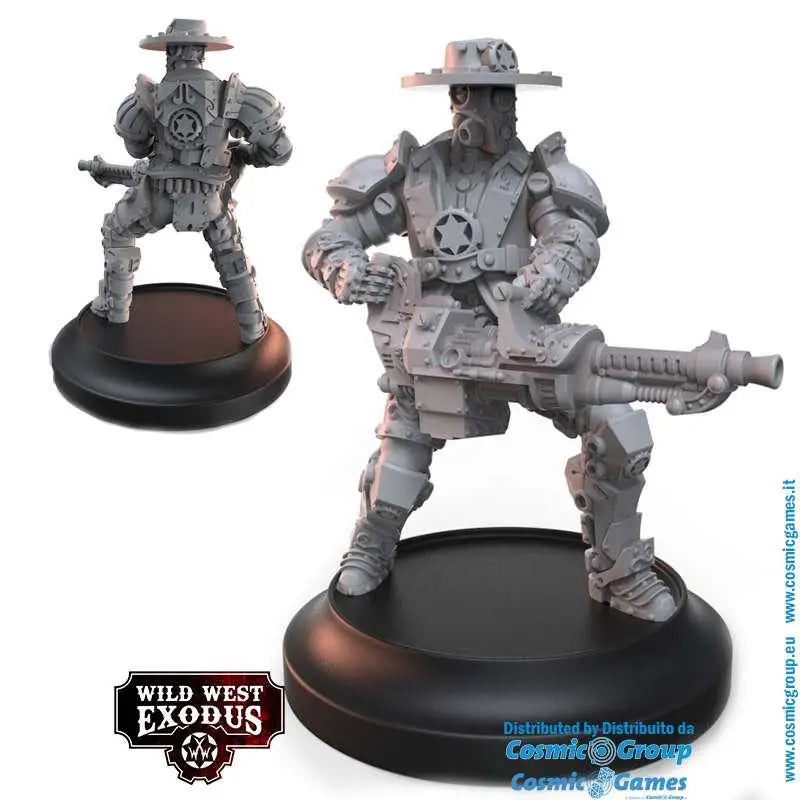 Grå plastminiatyr av bepansrad soldat i bredbrättad hatt med stor gevär från WWE Armoured Justice Starter Set