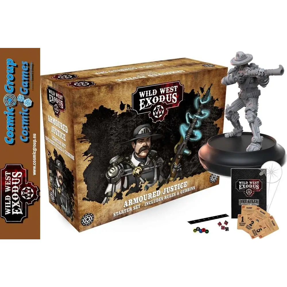 Grå metallrobotfigur med cowboyhatt och gevär på svart bas i WWE Armoured Justice Starter Set