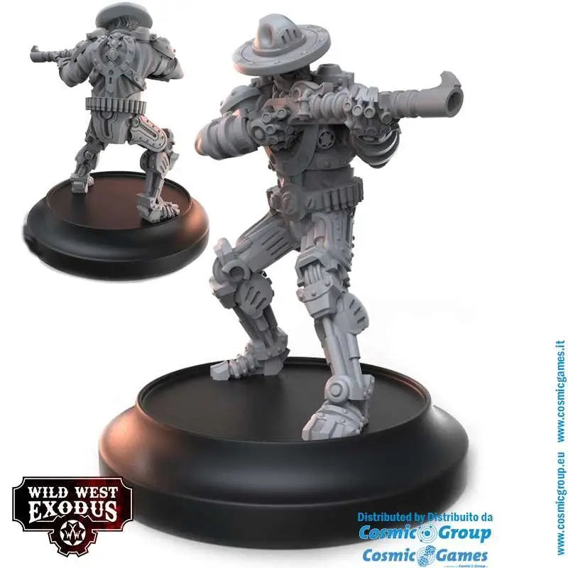 Grå metallisk rustad figur med bredbrättad hatt och gevär på svart cirkulär bas i WWE Armoured Justice Starter Set
