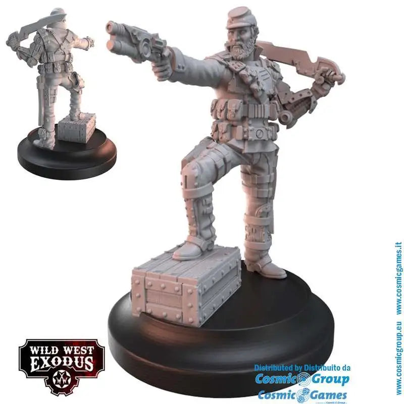 Grå plastminiatyr av skäggig soldat i taktisk utrustning med pistol och vapen över axeln i WWE Confederate Rebellion Starter Set