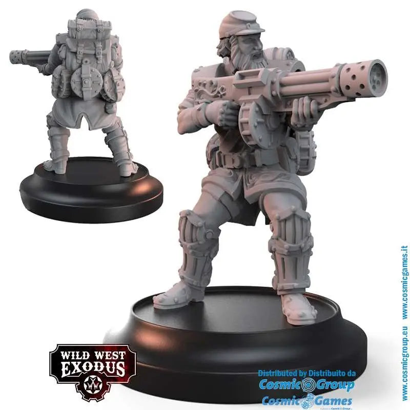 Grå plastminiatyr av skäggig soldat i taktisk utrustning med stort vapen på svart bas i WWE Confederate Rebellion Starter Set