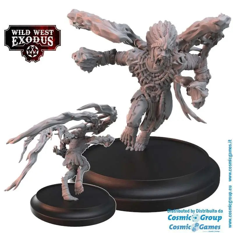 O målade grårosa resinminiatyrer från Wild West Exodus Dark Nation Posse, med detaljerade tribal krigare i fjäderhuvor och robust rustning