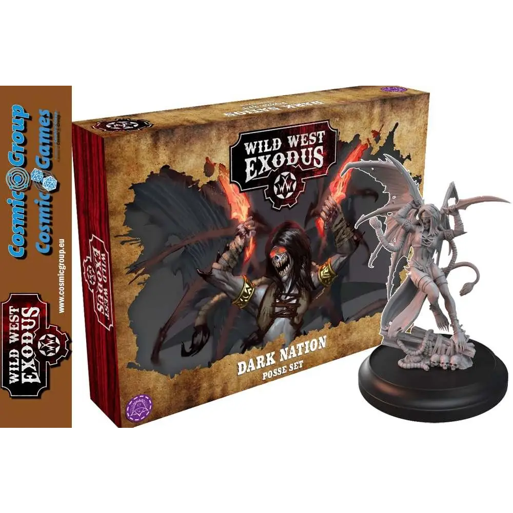 Grå och svart målad miniatyr av demonisk vinged varelse med horn och svans på rund bas i WWE Dark Nation Posse-set