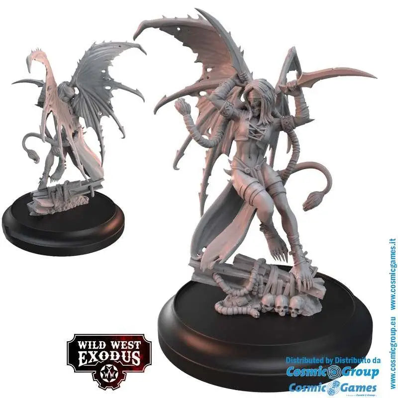 Grå resinfigur av vingad demonessa med flera armar och horn på svart bas i WWE Dark Nation Posse-set