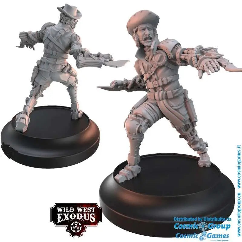 Ommålade grå plastminiatyrer från Wild West Exodus, Dixie Resurrection Posse-set, på svarta cirkulära baser