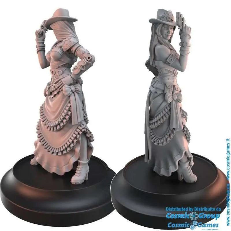 Grå resinfigur av steampunk-kvinnlig revolverman i detaljerad klädsel med mekaniska accenter och lager av volanger från WWE Dixie Resurrection Posse Miniatures Set