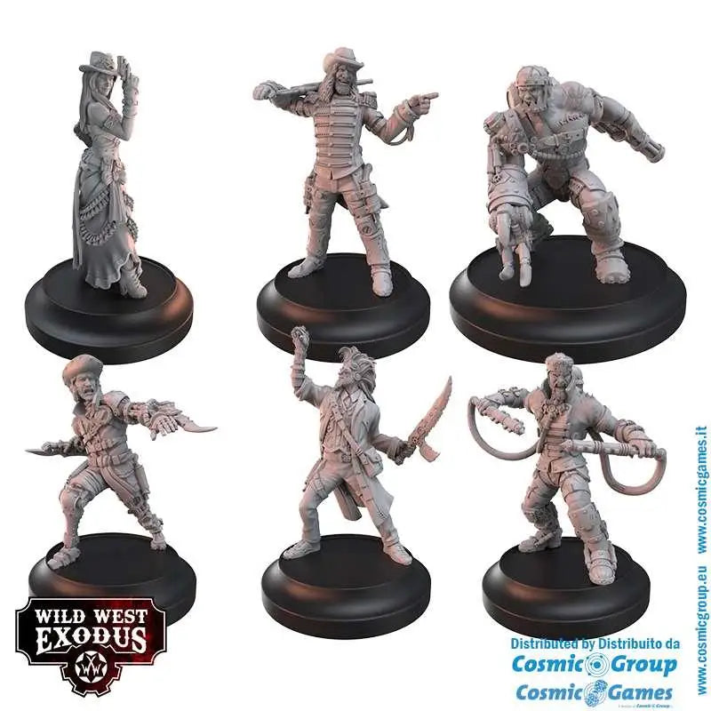 Sex grå, omålade resinminiatyrer av Wild West Exodus Dixie Resurrection Posse på svarta baser