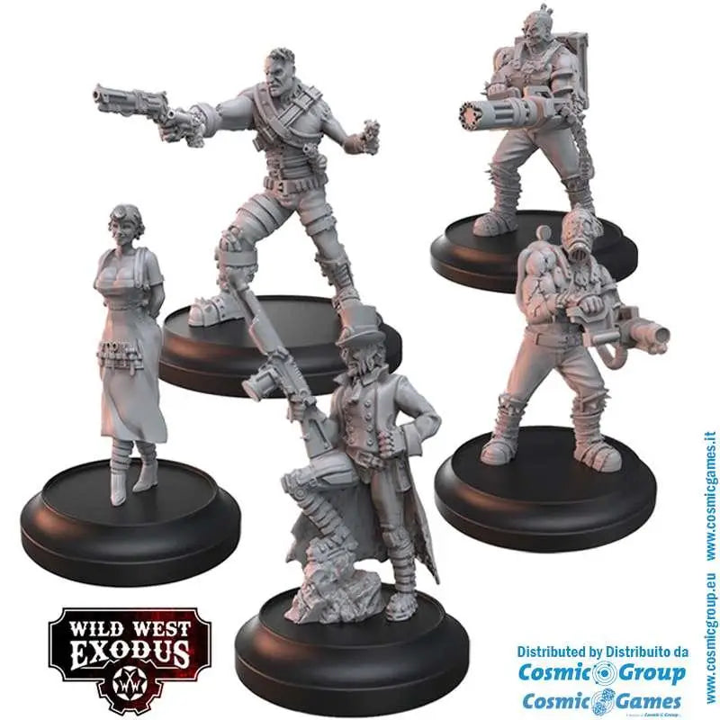 Grå plastfigurer av västerntema med detaljerad rustning och vapen på svarta baser, WWE Father of the Enlightened Start Set