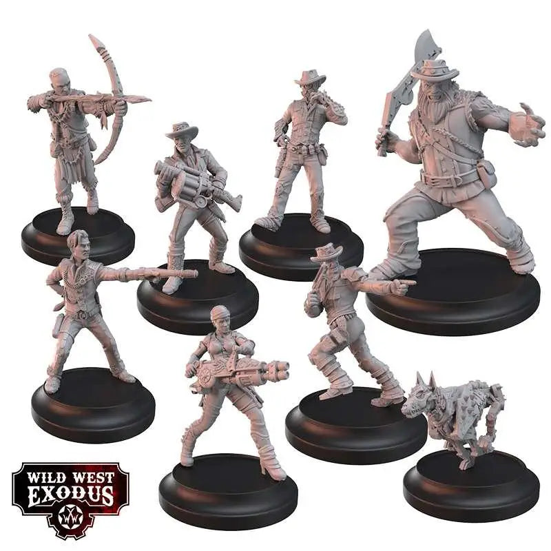 Sju omålade grå plastminiatyrer i Wild West Exodus, The Deadly Seven Posse