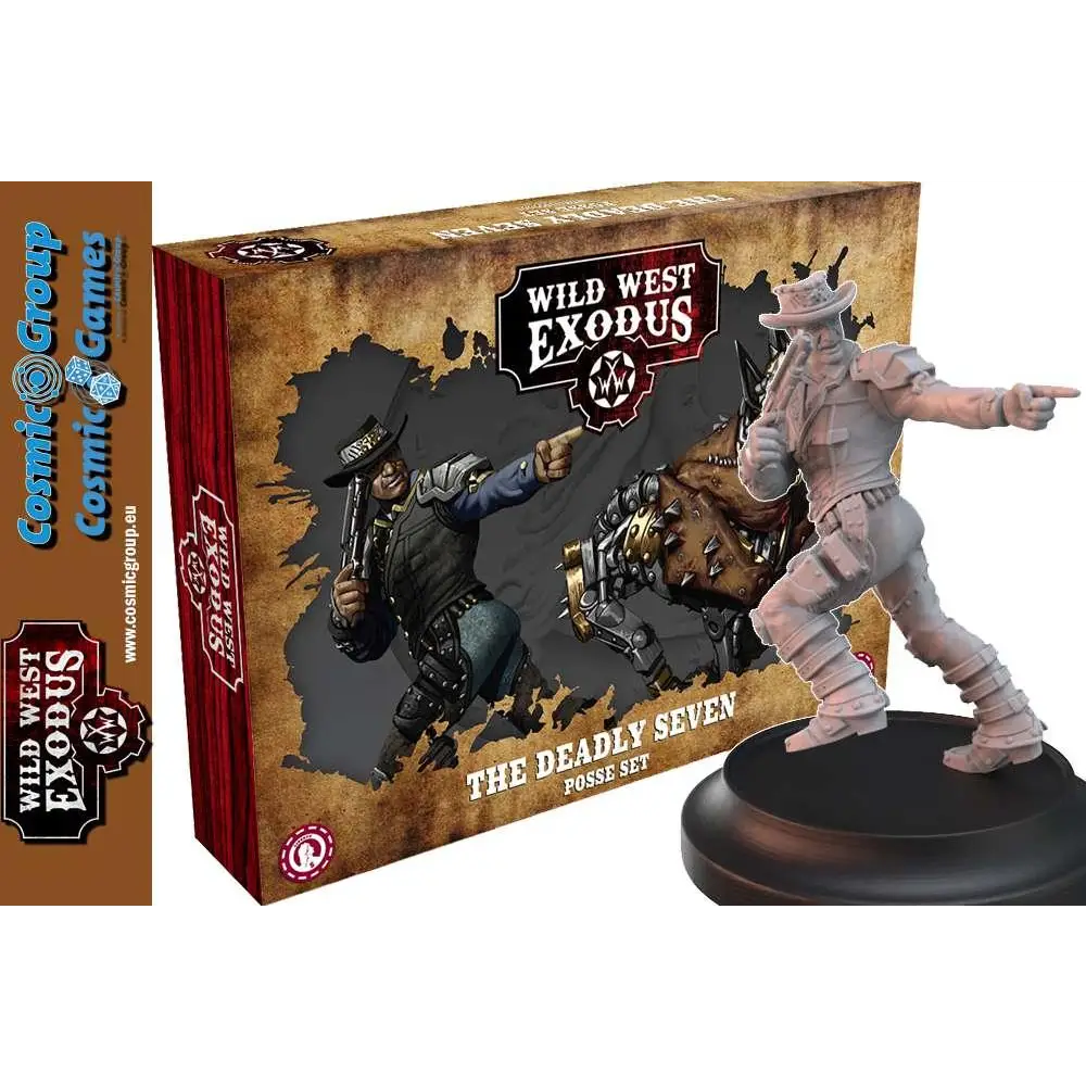 Grå plastminifigur av cowboy i hatt och stövlar från WWE The Deadly Seven Posse, pekar framåt