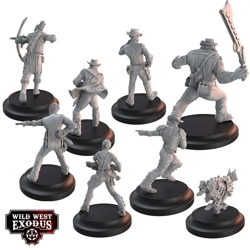 Grå Wild West Exodus-figurer i The Deadly Seven Starter Set på svarta cirkulära baser