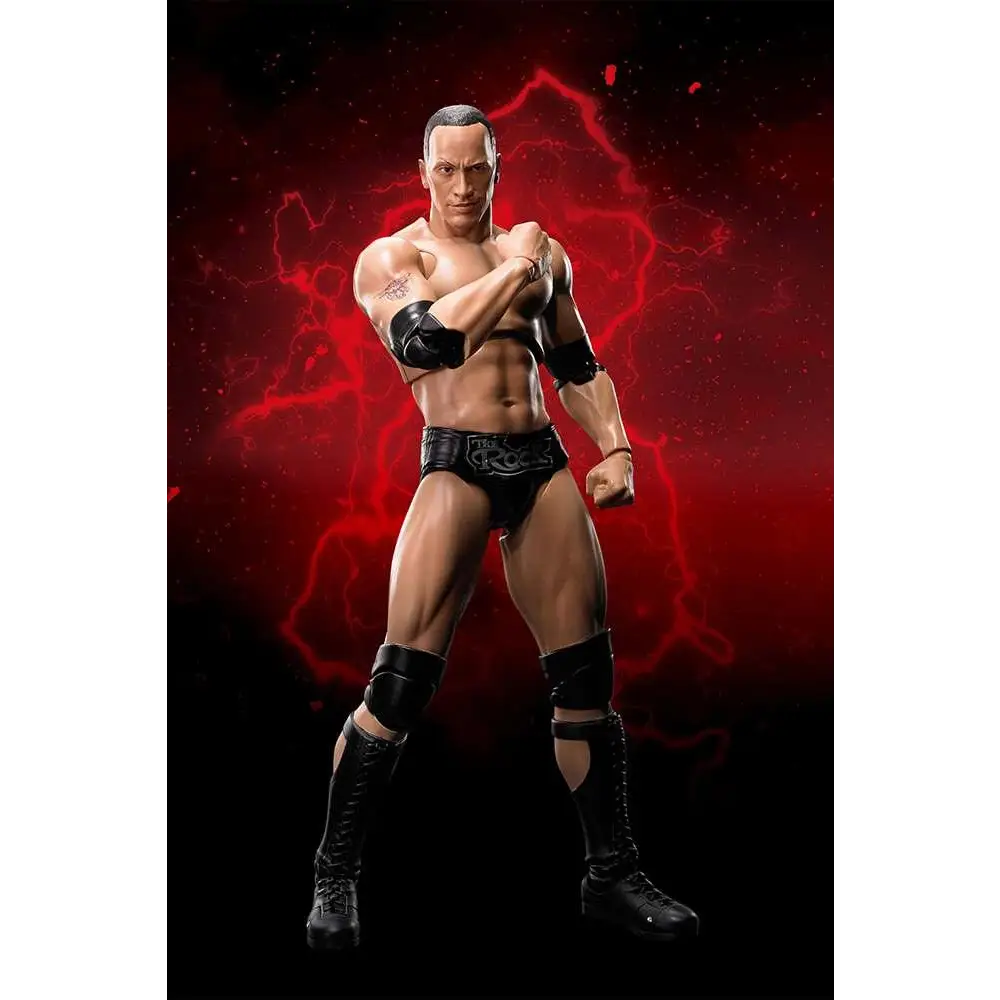 Svart The Rock SHFiguarts actionfigur med detaljerad skulpterad fysik, svarta shorts och stövlar, Rock-logo på midjebandet