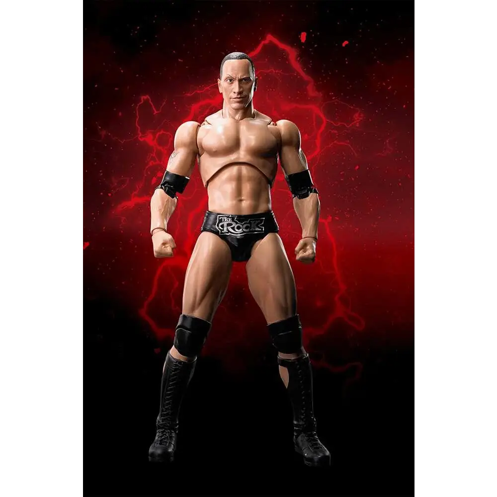 Muskulös WWE The Rock S.H.Figuarts actionfigur i svarta brottarbyxor med logo, armbågsskydd och knähöga stövlar