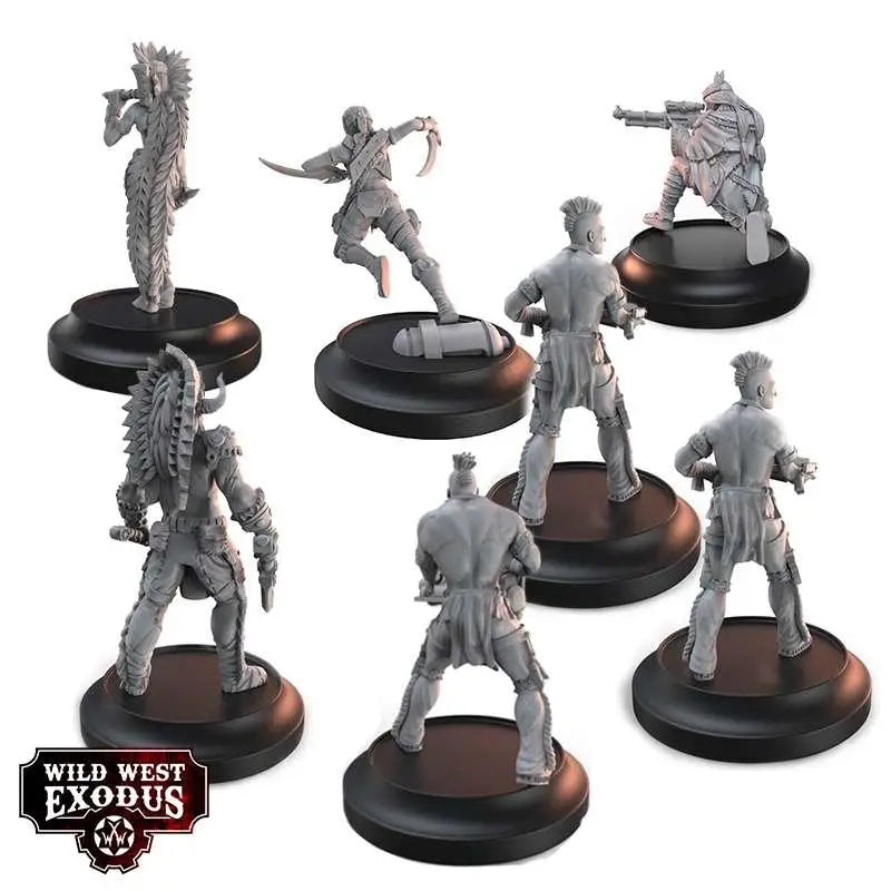 Grå plastminiatyrer från Wild West Exodus Tribal Retribution Starter Set på svarta baser
