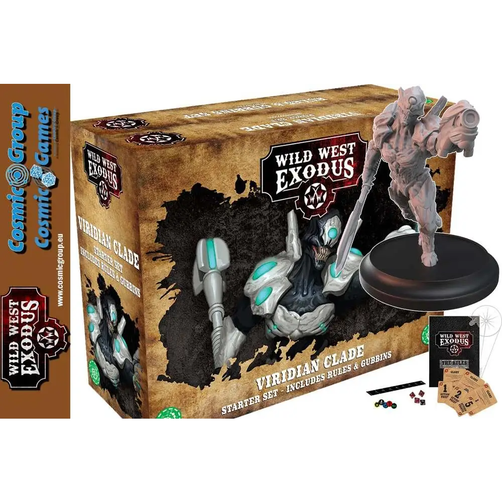 Viridian Clade Starter Set med rustad miniatyrfigur i svart-silver och glödande teal