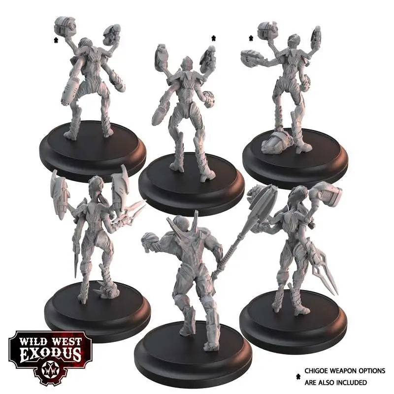 Sex gråa, omålade Wild West Exodus-miniatyrer från Viridian Clade Starter Set på svarta baser