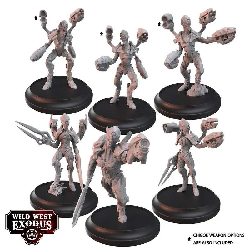 Grå detaljerade plastminiatyrer av bepansrade figurer med vapen i WWE Viridian Clade Starter Set