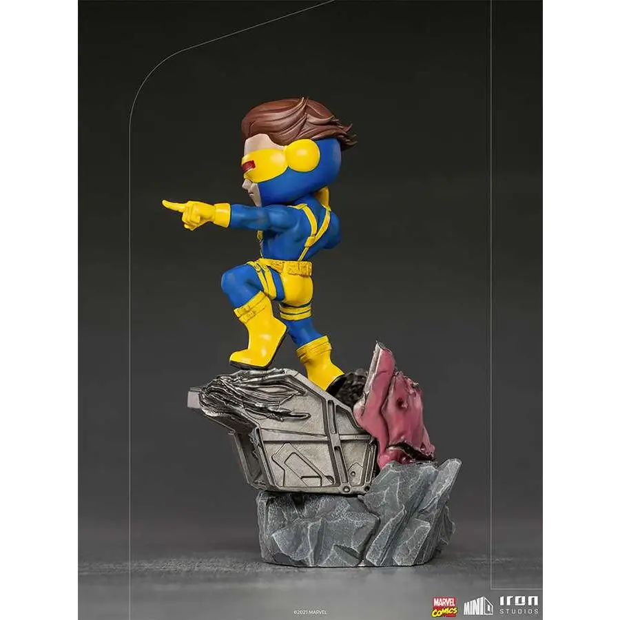 Blå och gul X-Men Cyclops MiniCo-figur från Iron Studios på stenbas